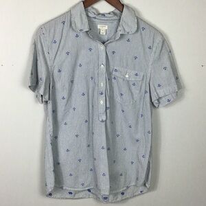 J.crew jcrew Navy blue & white stripe anchor print popover top shirt size Large